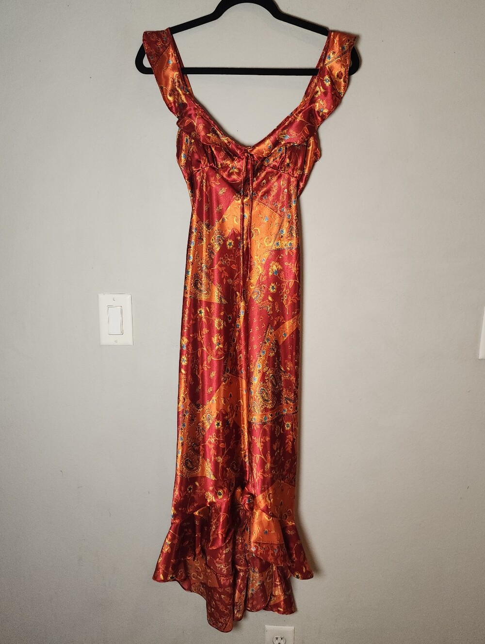 Vtg 90s Y2k Attitude Sleeveless Ruffle Midi Maxi Satin Dress Red Orange Floral M